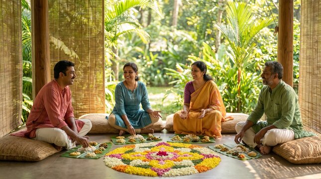 Friends gather for Onam pookalam and sadya in a garden pavilion