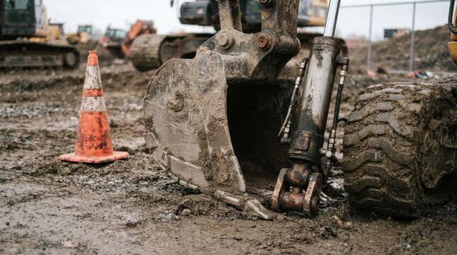 Heavy construction loader bucket, hydraulic cylinder, mud caked tire tread, and safety cone on compacted earth