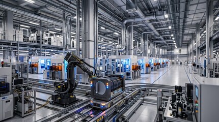 Fototapeta premium Semiconductor fabrication hall with robotic arms, wafer carriers, stainless ducts, and illuminated processing bays for expansion investment.