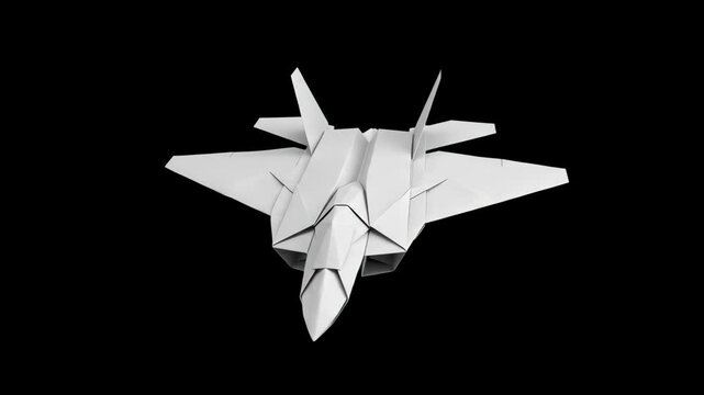 A detailed 3D model of a complex white folded paper origami stealth fighter jet plane, isolated against a solid dark black studio backdrop. Great for origami craft videos, creative design projects, pa