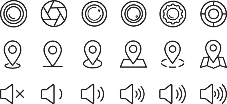 Collection of thin line icons for camera map volume settings