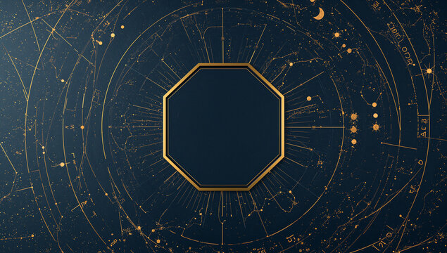 深い群青の背景に金箔の細いラインで描かれた天球儀や星座が囲む八角形のゴールド枠