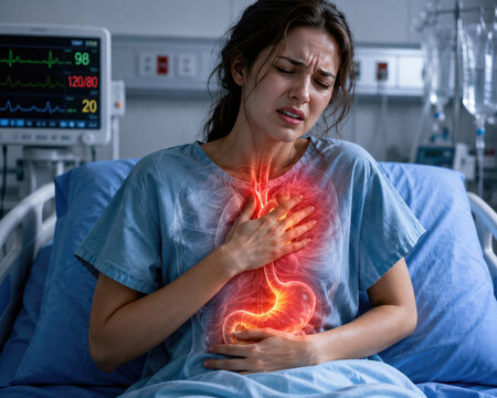 Woman Suffering From Severe Heartburn and Acid Reflux in Hospital