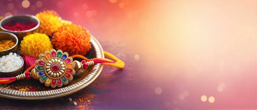 Rakhi on decorated plate with flowers and rice for Raksha Bandhan festival. Traditional Hindu ritual items for sister to tie on brother wrist. Banner with copy space