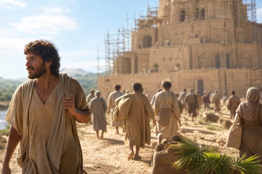 Workers Abandoning the Unfinished Tower of Babel, Symbolizing Linguistic Confusion and Divine Judgment.
