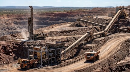 Fototapeta premium Established open pit mining operation with haul roads, drill mast, crusher, and conveyor systems for industrial extraction and site expansion