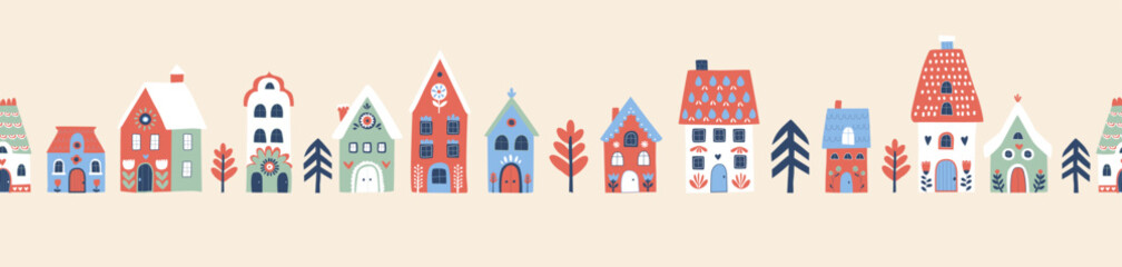 Scandinavian winter village seamless border with cozy Nordic houses and trees for holiday stationery, gift wrap and seasonal decor, Vector Illustration, folk style on beige. © svsunny
