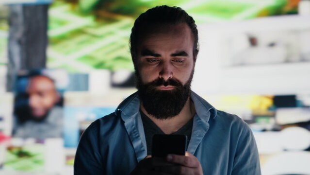 Young adult wasting away in front of the phone screen due to social media abuse, addicted to content consumption and obsessive doomscrolling, with a person with mental health issues, isolation.