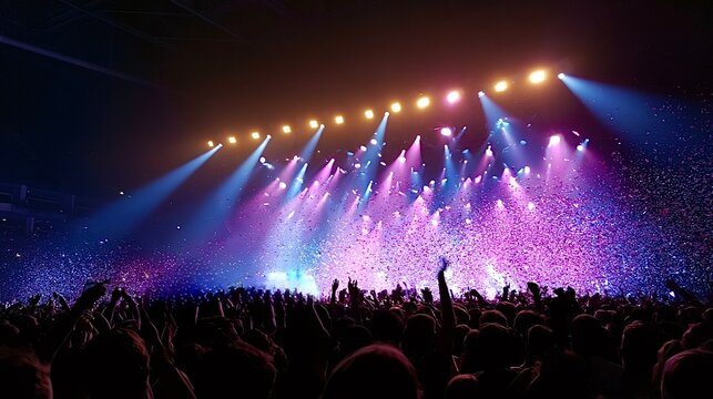 Crowd enjoying music concert with confetti and stage lights
