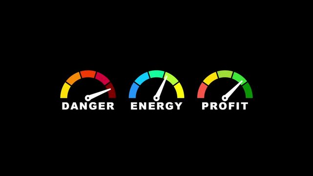 Danger, energy, and profit speedometer gauge animation. Dashboard performance meters on black background