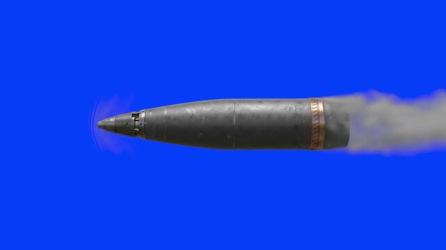 A metallic artillery shell projectile moves rapidly across a solid blue chroma key background. Perfect for visual effects artists needing compositable military ordinance and action shots.