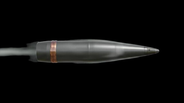 A detailed 3D render of a large military bullet shell flying horizontally across a dark backdrop. Ideal for action films, documentaries, and military-themed graphic overlays.