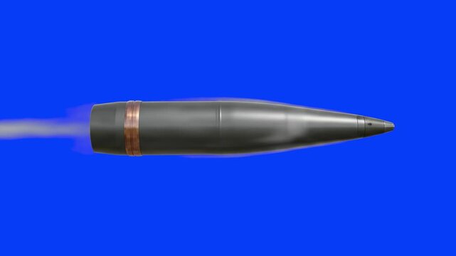 A metallic artillery shell projectile moves rapidly across a solid blue chroma key background. Perfect for visual effects artists needing compositable military ordinance and action shots.