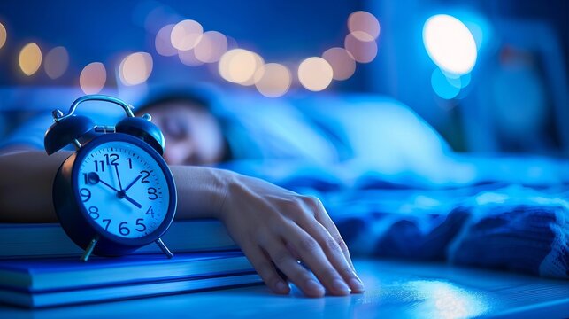Close up of an alarm clock set at 8 00 amidst books in a cozy bedroom with a sleeping person