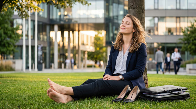 Barefoot young woman relaxing on green grass in a corporate park. Caucasian professional resting against a tree with shoes and briefcase nearby. Taking a break from business concept