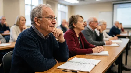 Senior man attending a seminar, older adult student listening attentively during a lecture with a notebook on the desk in a classroom. Continuing education and active retirement concept © scaliger