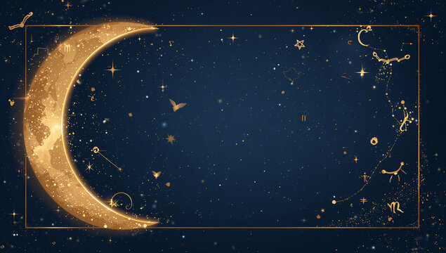 深いインディゴブルーの夜空に浮かぶ黄金の三日月と星座のフレームイラスト