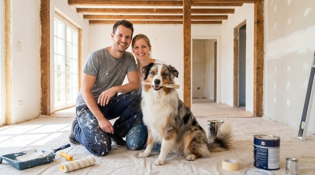 Happy homeowners renovating living room with Australian Shepherd companion, home improvement and interior decorating concept featuring teamwork and creativity