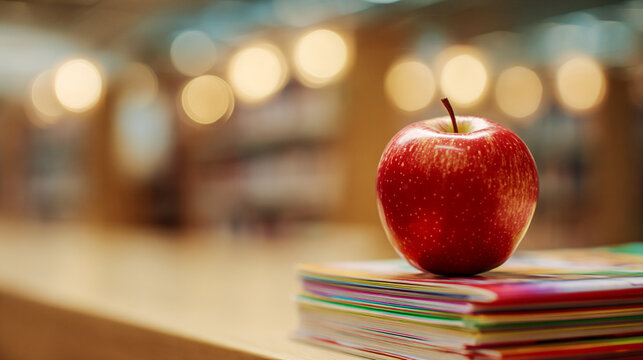 Fresh red apple resting on a stack of colorful books in a classroom with warm blurred lights and copy space. Classic education concept symbolizing learning, teaching, knowledge and the new school year
