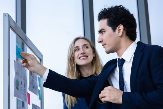 Two businessman and businesswoman partners  in suits smiling standing Talking Discussing presenting financial graph Concept on flip chart board  business expressed embolden and successful concept.
