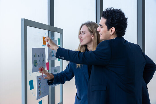Two businessman and businesswoman partners  in suits smiling standing Talking Discussing presenting financial graph Concept on flip chart board  business expressed embolden and successful concept.