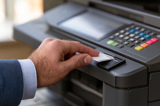 Employee Tapping Access Badge on Printer Badge Reader for Secure Printing