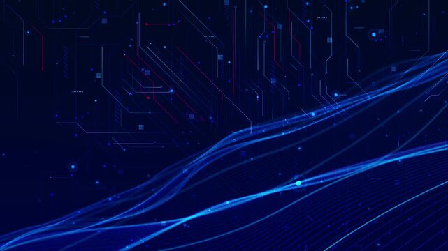 Digital circuit flow motion visual blue light trails, dark board lines, glowing particles, and subtle red details. for server promos, data network clips, tech openers, and animated overlays.