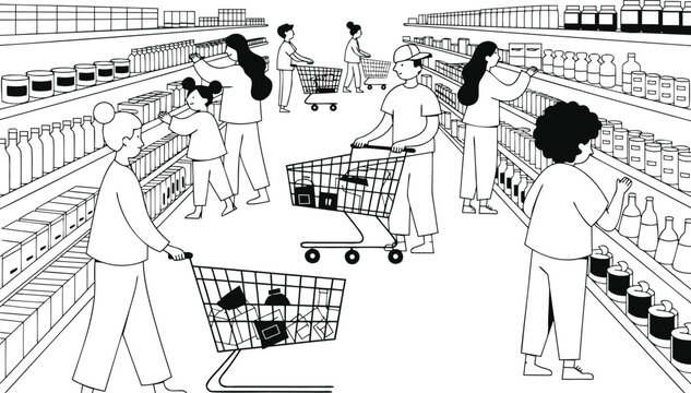 People shopping in a supermarket aisle, minimalist line grocery store