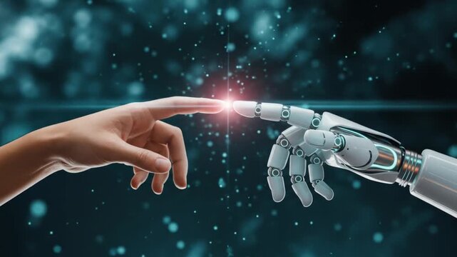 Human hand touching robotic hand in digital space