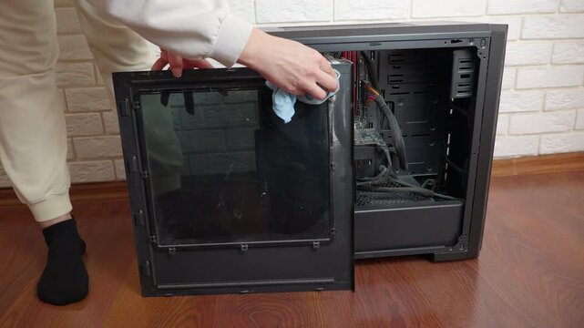 Person cleaning dusty desktop computer case side panel. Close-up view of hands wiping dust from the transparent side panel of a personal computer tower, showing routine hardware maintenance
