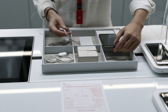 Person Placing Charger Cable and Smartphone into Electronics Accessory Tray with Checklist Face Down