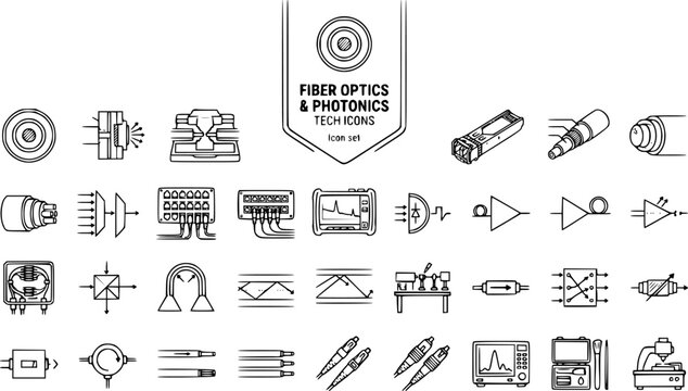 Fiber Optics and Photonics Technology Outline Icon Set with Optical Fiber Cross-Section, Laser Diode, WDM Diagram and OTDR Tester, 25 Icons Editable Strokes