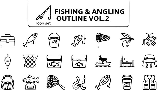 Fishing and Angling Outline Icon Set Vol. 2 Featuring Tackle Boxes, Fishing Lures, Bobber Floats and Trophy Fish Mounts for Recreational Fishing, Outdoor Sports and Angling Gear, Editable Stroke