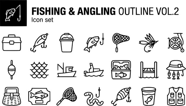 Fishing and Angling Outline Icon Set Vol. 2 Featuring Tackle Boxes, Fishing Lures, Bobber Floats and Trophy Fish Mounts for Recreational Fishing, Outdoor Sports and Angling Gear, Editable Stroke