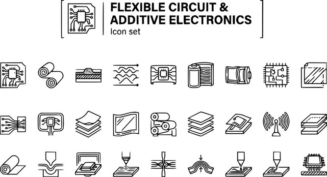 Flexible Circuit and Additive Electronics Outline Icon Set with Flexible PCB, Printed Electronics Roll-to-Roll, Stretchable Sensor and Biosensor Patch, 25 Icons Editable Strokes