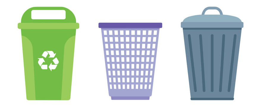 Three Trash Cans for Waste Management: A green recycling bin with a recycle symbol, a purple basket-style bin, and a gray lidded bin are displayed side-by-side.