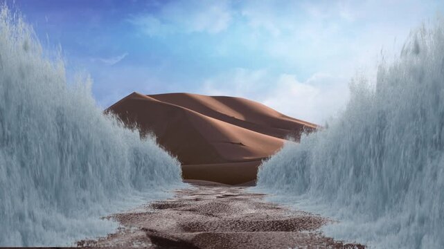 Parting the Desert Sea 4K Loop features a desert landscape with a wall of churning water on each side of the frame stretching into the distance in a loop.