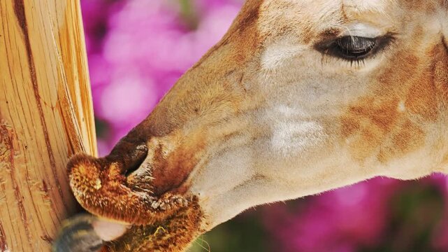 Giraffe feeding at a zoo with colorful flowers in the background
