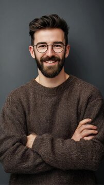 The man is standing against a gray background. He's wearing a marled brown sweater and has his arms crossed. His gaze is directed towards the camera and he's smiling.