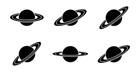 Collection of six black planet with rings, shown from various angles and perspectives, representing saturn or generic ringed planet symbols © Bishal