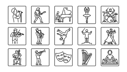 Obraz premium Musical and performing arts in square frames, featuring singers, guitarists, pianists, ballet dancers, drummers, violinists, and saxophonists