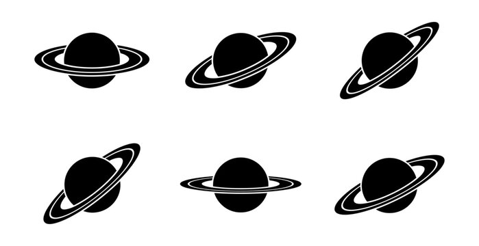 Collection of six black planet with rings, shown from various angles and perspectives, representing saturn or generic ringed planet symbols