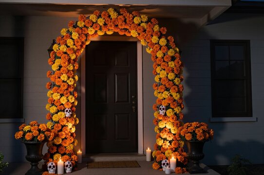 marigold archway and lit candles decorate house entrance for day of the dead celebration at night