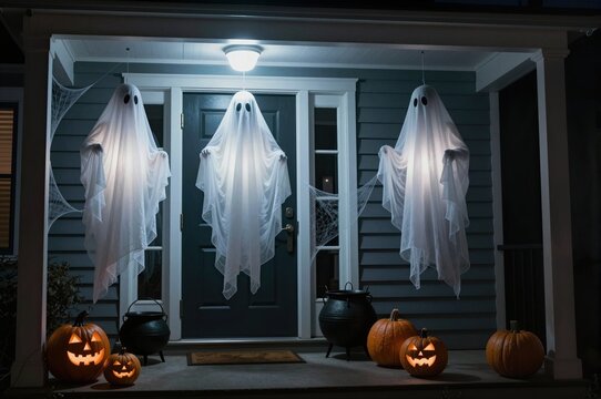 spooky halloween porch with ghost decorations and carved pumpkins glowing at night for trick-or-treaters