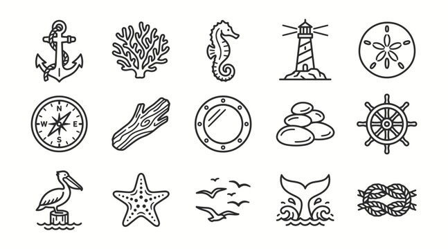 Nautical and marine life featuring an anchor, coral, seahorse, lighthouse, sand dollar, compass, driftwood, porthole, stones, and wheel