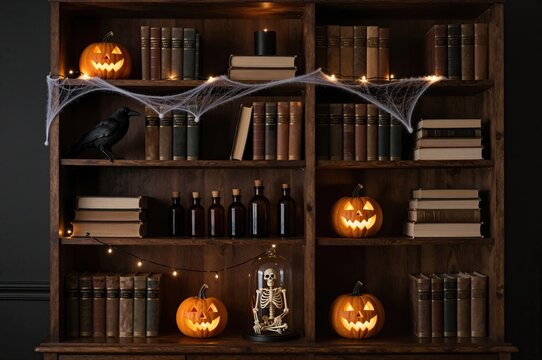 halloween shelf with books, jack-o'-lanterns, skeleton decor, and spider webs, dark and eerie mood