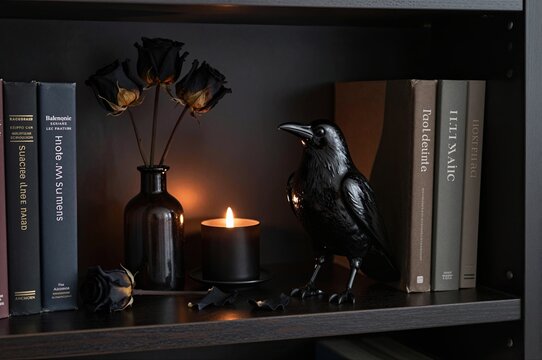 moody bookshelf with black roses and crow statue creating a gothic atmosphere in dim candlelight