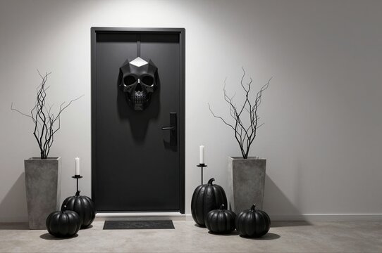 halloween decor with black skull door ornament and black pumpkins creating spooky ambiance indoors