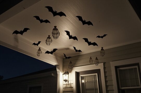 halloween bats and lanterns hanging on porch at night creating spooky atmosphere