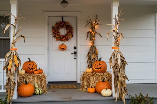 festive halloween porch with pumpkins and corn stalks illuminated at night celebrating autumn decor
